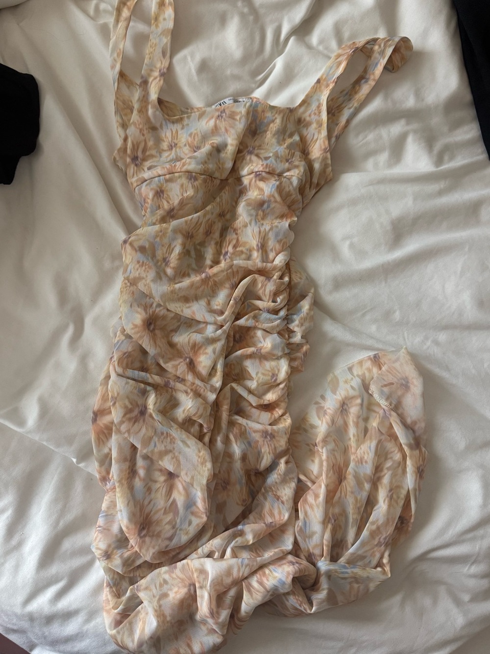 Floral Ruched Midi Dress in Soft yellow pastels